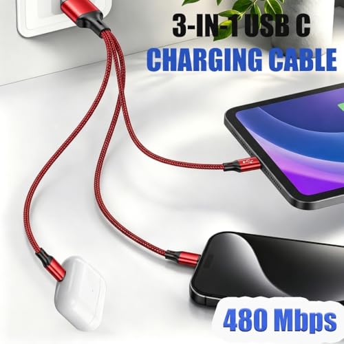 Multi Charging Cable, 3 in 1 USB Charging Cable for Multiple Devices, Red Braided Short 0.65FT USB A to 2 USB C + 1 Micro USB Splitter, 5A Fast Charge Compatible with Phone Tablets and More