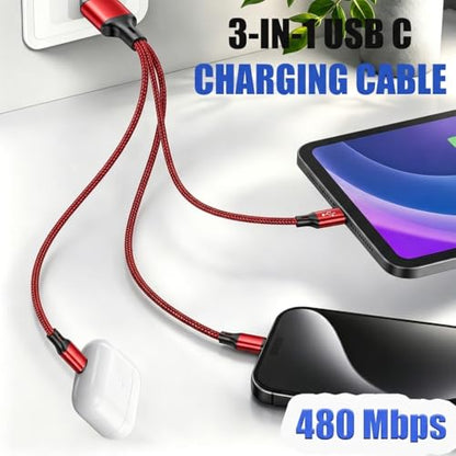 Multi Charging Cable, 3 in 1 USB Charging Cable for Multiple Devices, Red Braided Short 0.65FT USB A to 2 USB C + 1 Micro USB Splitter, 5A Fast Charge Compatible with Phone Tablets and More