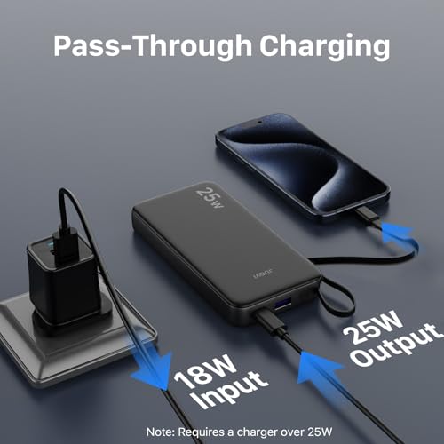 JUOVI 25W Portable Charger 10000mah Power Bank Built-in USB-C Cable - color: Black