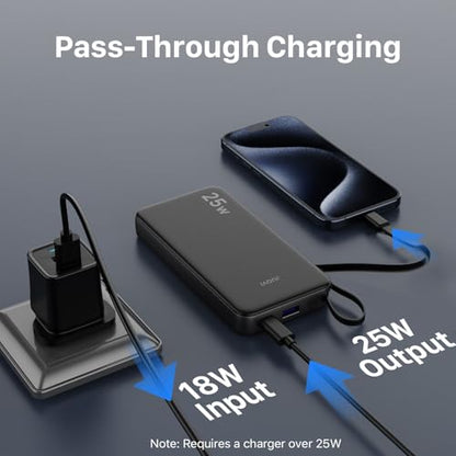 JUOVI 25W Portable Charger 10000mah Power Bank Built-in USB-C Cable - color: Black
