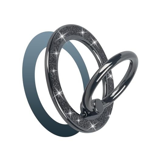 Guppy Magnetic Phone Ring Holder, Glitter Magnet Finger Ring Grip Stand Holder, 360° Rotation with Cell Phone Ring Stand, Compatible with MagSafe for iPhone 17 Pro Max 16 15 14 13 12 All-Black - color: Black