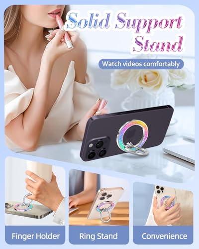 Phone Ring Holder Compatible with MagSafe - Magnetic Cell Phone Grip for Women Cute Magnet Removable Finger Ring Grip Stand Glitter Sparkle for iPhone 17 16 15 14 13 Pro Max Plus, Rainbow - color: Colorful