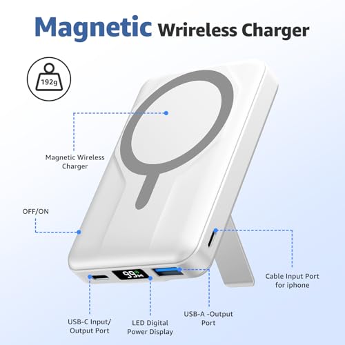 Azmuth for MagSafe Portable Charger, 10000mAh Magnetic Power Bank 20W PD | Fast Charging,Wireless Battery Pack with LED Display & Stand,Travel Essentials,for iPhone 17/16/15/14/13/12 Series - color: White