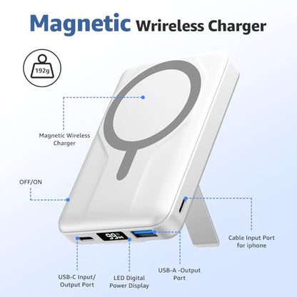 Azmuth for MagSafe Portable Charger, 10000mAh Magnetic Power Bank 20W PD | Fast Charging,Wireless Battery Pack with LED Display & Stand,Travel Essentials,for iPhone 17/16/15/14/13/12 Series - color: White
