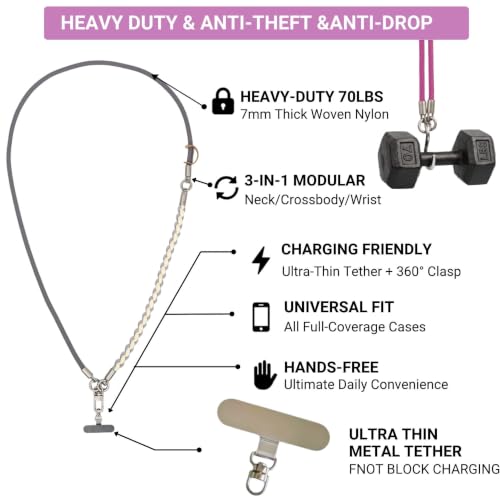 3-in-1 Crossbody Phone Lanyard, Cellphone Wrist Strap, Neck Holder for Travel, Dog Walking Accessories Anti-Theft - color: Gray