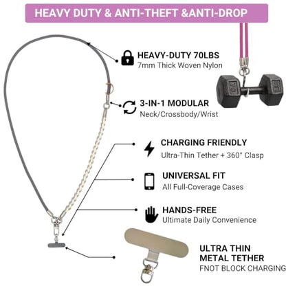 3-in-1 Crossbody Phone Lanyard, Cellphone Wrist Strap, Neck Holder for Travel, Dog Walking Accessories Anti-Theft - color: Gray