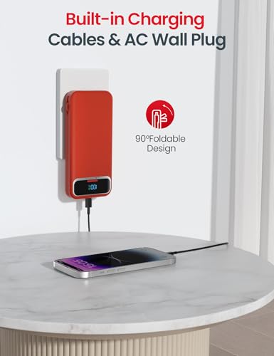 aonidi Portable Charger 12000mAh with Built-in Cables&AC Wall Plug, Red - color: Red