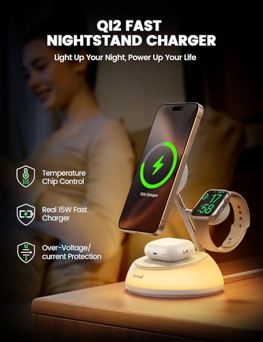 Lamicall 4-in-1 Qi2 Certified Wireless Charging Station for Magsafe, [LED Night Light] 15W Fast Magnetic Charger Stand Gifts, for iPhone 18 Pro/Max/Duo 17 16 15 14 13 12, Watch, Air pods, 30W Adapter