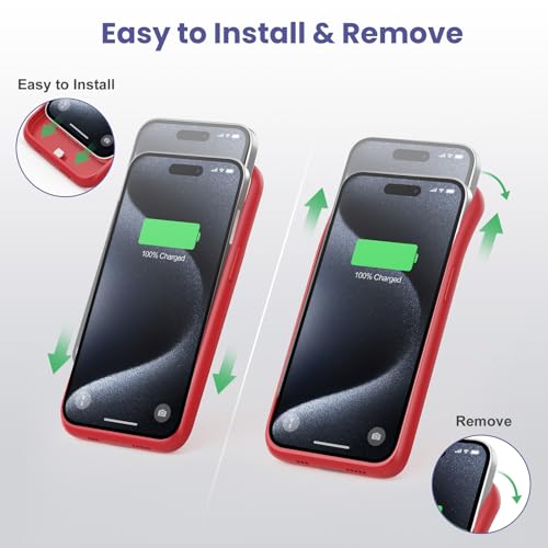 15W Fast Charging Battery Case for iPhone 15 Pro(6.1 inch),7500mAh Slim Portable Charging Case with 360°Protection,Rechargeable Extended Phone Charger Cover for iPhone 15 Pro Battery Case-Red
