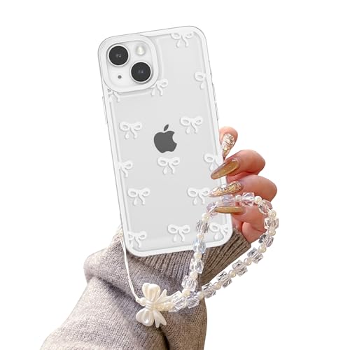 EYZUTAK Case for iPhone 13, Clear Cute Ribbon Bowknot Aesthetic Phone Case with Charm Bracelet Chain Raised Camera Protection Stylish Soft Durable TPU Protective Cover for Women Girls - White - color: White, size: iPhone 13
