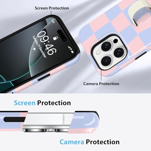 KANGHAR Compatible with iPhone 16 Pro Case Checkered -Pink Blue | Silicone Cute Pattern, Finger Hold Wristband Kickstand Camera Protection Soft Slim Phone Case for Girls Women - color: (Checkered)Pink Blue, size: iPhone 16 Pro