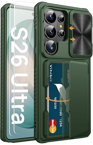 Vihibii for Samsung Galaxy S26 Ultra Case with 2X Screen Protector, Green | Card Holder (4 Cards), 9H Hardness, RFID Blocking, Slide Camera Cover, Military-Grade Drop Protection Wallet Case, Green - color: Green-SP