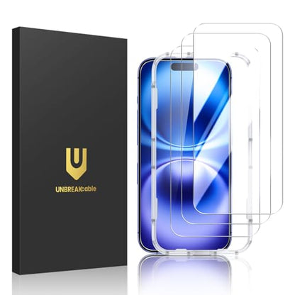 UNBREAKcable 3-Pack Screen Protector for iPhone 16 Tempered Glass | Shatterproof, Easy Install, 9H Hardness, 99.99% HD Clear, Bubble-Free, Anti-Fingerprint, Scratch Resistant, Case Friendly - size: iPhone 16