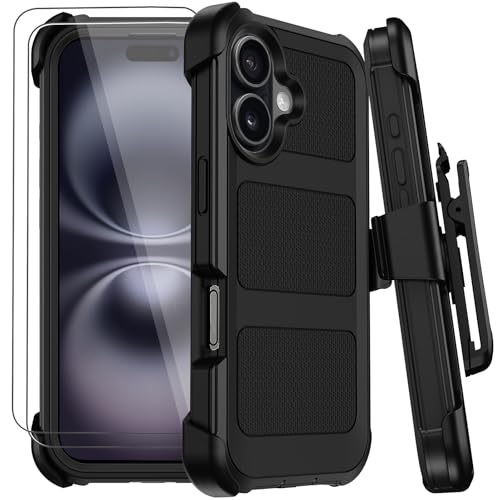 Wedall for iPhone 16 Plus Case with Belt Clip Holster,Anti-Drop Shockproof Bumper Phone Cases with 2X Screen Protectors & Kickstand,Rugged Heavy Duty Military Grade Protective Defender Cover (Black) - color: Black