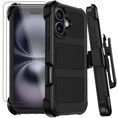 Wedall for iPhone 16 Plus Case with Belt Clip Holster,Anti-Drop Shockproof Bumper Phone Cases with 2X Screen Protectors & Kickstand,Rugged Heavy Duty Military Grade Protective Defender Cover (Black) - color: Black
