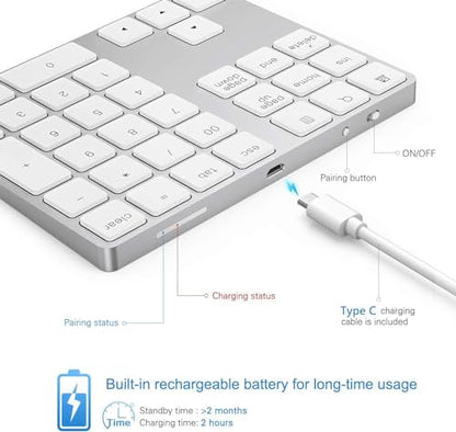 Lekvey Bluetooth Number Pad, Aluminum Rechargeable Wireless Numeric Keypad - color: White and Silver