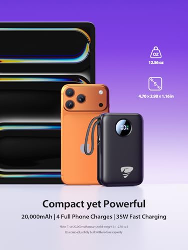 Aioneus Portable Charger, 35W PD Fast Charging Power Bank 20000mAh, Battery Pack with Built in Lightning & USB-C Cables, Powerbank for iPhone 17 16 15 14 iPad Samsung Android Tablet MacBook - color: Carbon Black