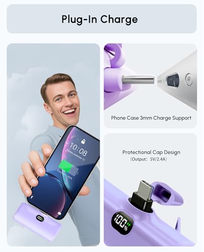 Handy Purple USB C Power Bank Portable Phone Charger With Stand, 5000mah Mini Battery Pack Backup Charger with Digital Display for iPhone 17/16/15 series, Littile Mobile Charger for Samsung/Google/LG - color: Purple