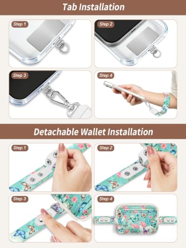 Clip and Go Strap for Phone with Wallet Crossbody Lanyard Blue - color: Butterfly Flowers