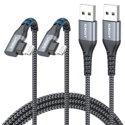 SUNGUY USB-A to Lightning Cable Right Angle 5FT 2-Pack, USB to Lightning iPhone Charger Cord 90 Degree Nylon Braided Compatible with iPhone 14/13/12/11 Pro Max Mini X XS XR 8 SE iPad9/mini - size: 5FT