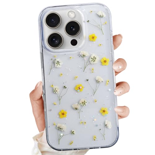 for iPhone 14 Pro Clear Case,Aesthetic Floral Phone Case with Pressed Real Flowers Design,Glitter Cute Floral Pattern Women's Phone Case Slim Soft TPU Protective Girl's Phone Cover for iPhone 14 Pro - color: White Yellow 2, size: iPhone 14 Pro