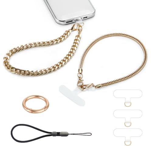 2 Pcs Phone Wrist Strap Lanyard Metal Chain Detachable Adjustable Phone Grip Wristlet Bracelet with 3 Patches Tether Universal for iPhone 16 Pro Max 15 14 Samsung Charms Gold - color: S-Gold Set