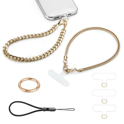 2 Pcs Phone Wrist Strap Lanyard Metal Chain Detachable Adjustable Phone Grip Wristlet Bracelet with 3 Patches Tether Universal for iPhone 16 Pro Max 15 14 Samsung Charms Gold - color: S-Gold Set