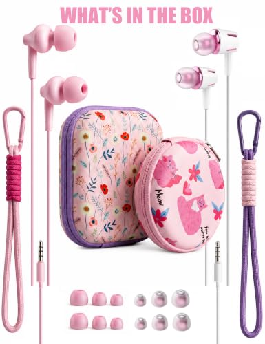 2-Pack Teens Wired Earbuds with Cases, 3.5mm School Headphones,Kitty&Floret - color: Kitty and Floret