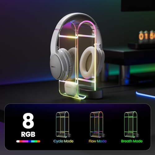 Acrylic RGB Headphone Stand w/USB Ports - Eurpmask Gaming Headset Holder| 10 Light Effect| 1 USB-C & 2 USB-A Ports| PC Gaming Accessories with RBG Light for Gamers| Clear Headset Stand for Desk-Clear