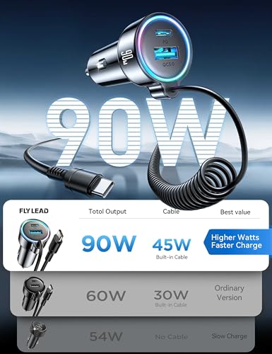 FLYLEAD 90W Car Charger USB C Fast Charge,PD45W for iPhone 18/17/16 Pro Max - color: Black - 5 FT