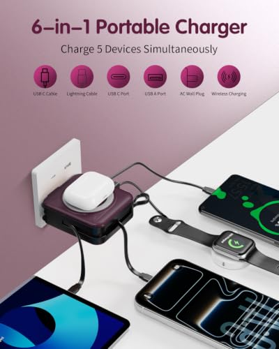 10000mAh for Magsafe Portable Charger Built-in Cables & AC Wall Plug,Purple - color: Purple
