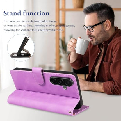 Wallet Case for Samsung Galaxy A17, RFID Blocking (Purple) | 4 card slots with ID window, cash pocket, wrist strap, stand function, magnetic closure, flip PU leather, TPU inner shell - color: Purple