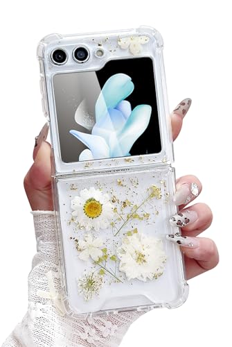 Compatible with Samsung Galaxy Z Flip 6 Case/Flip 7 FE Case Flower | Clear Dried Pressed Flowers Women Girls Soft TPU Shockproof Phone Cover - color: TPU/Flower white, size: Samsung Galaxy Flip 6/Flip 7 FE
