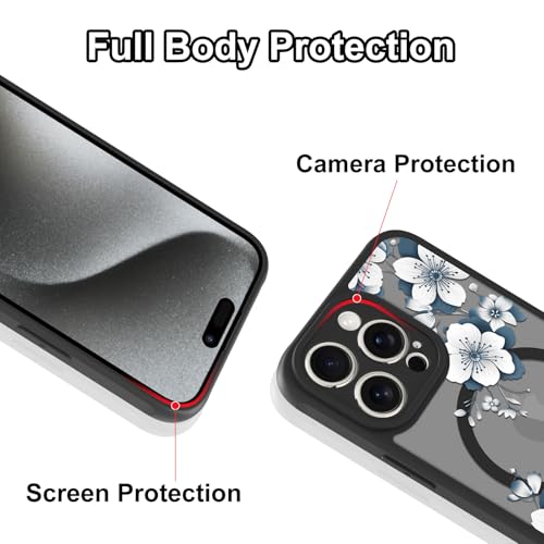 Magnetic for iPhone 15 Pro Case,White Flower | [Compatible with MagSafe] Cute Fashion Translucent Matte Hard Back Shockproof Anti-Scratch Phone Case,Ink Flower - color: Ink Flower, size: iPhone 15 Pro