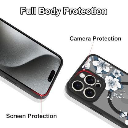 Magnetic for iPhone 15 Pro Case,White Flower | [Compatible with MagSafe] Cute Fashion Translucent Matte Hard Back Shockproof Anti-Scratch Phone Case,Ink Flower - color: Ink Flower, size: iPhone 15 Pro