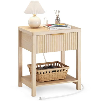 Night Stand Set 1, Fluted Wood Bedside Table w/Socket Station for Bedroom - color: Natural Oak, size: 1 Drawer-Set of 1 Nightstand