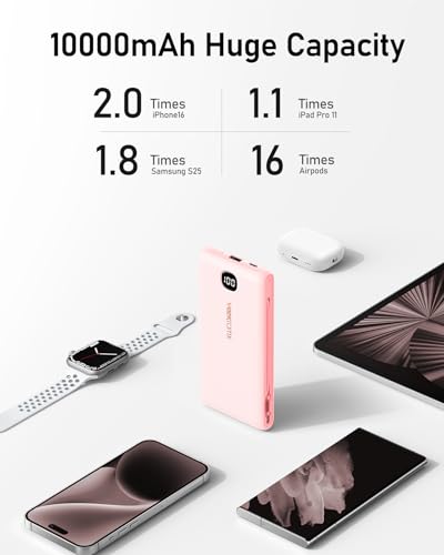 VEEKTOMX 10000mAh Portable Charger with Built-in Cables & Wall Plug - color: Peach