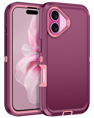for iPhone 16 Case Heavy Duty Protective Shockproof Dropproof 3-Layer Full Body Protection [Without Screen Protector] Tough Rugged Cover for Apple iPhone 16 6.1 inch 2024,Purple/Pink - color: Purple/Pink