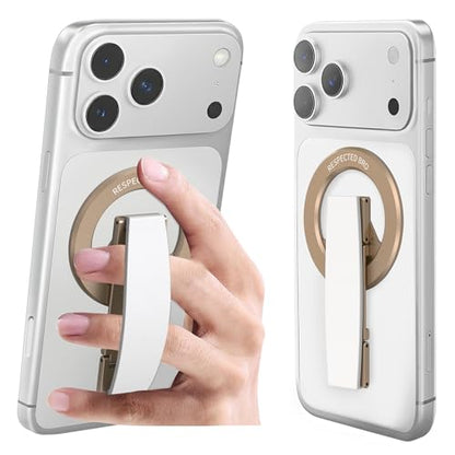RESPECTED-BRO-Magnetic-Phone-Grip-Stand, Magnetic Phone Ring Holder Kickstand with Silicone Finger Strap, Compatibility for iPhone 17/16/15/14/13/12, Android, and More (White) - color: White