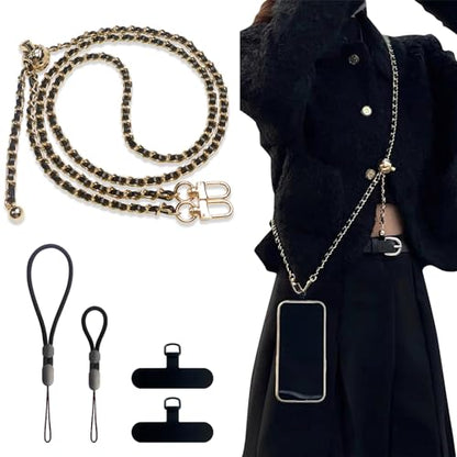 BFSDDM Crossbody Phone Strap - 2 Pads, Leather & Wrist Strap, Adjustable Finger Strap, Universal Phone Lanyard - color: Gold/Black Adjustable