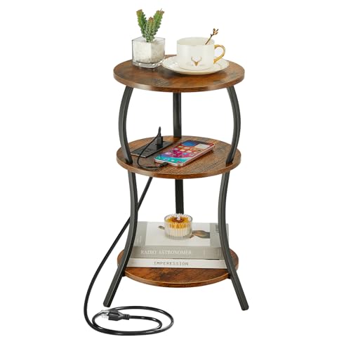 YEAKOO Small Side Table with Charging Station,3-Tier Round end Table - color: Rustic Brown, style: USB Charger