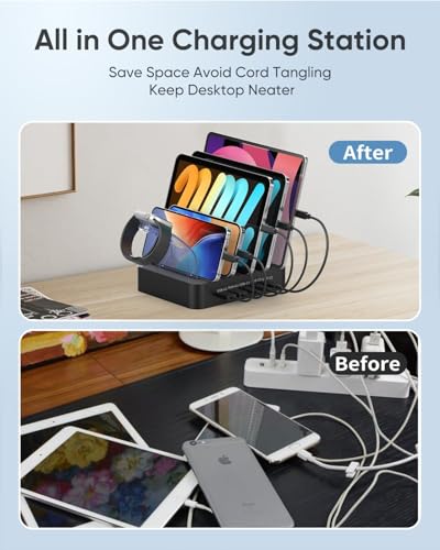 MSTJRY USB C Charging Station for Multiple Devices: 90W 5 Ports Multi Fast Charger for iPhone iPad Tablets Phone - Charging Dock Organizer with Adjustable Dividers for Home Office Classroom
