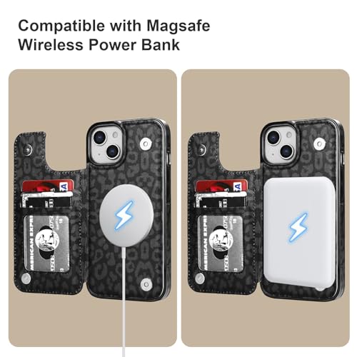 HAOPINSH for iPhone 14 Case Wallet Compatible with MagSafe Wireless Charging, Black Leopard Pattern Back Flip Folio RFID Blocking Leather Kickstand Card Slots Case Double Magnetic Clasp Cover 6.1" - color: Black Leopard MagSafe