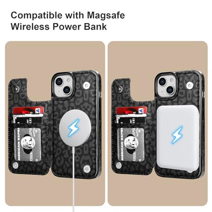 HAOPINSH for iPhone 14 Case Wallet Compatible with MagSafe Wireless Charging, Black Leopard Pattern Back Flip Folio RFID Blocking Leather Kickstand Card Slots Case Double Magnetic Clasp Cover 6.1" - color: Black Leopard MagSafe