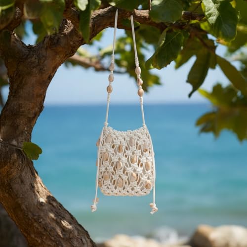 Boho Beaded Small Crossbody Bag for Women, Lightweight Crochet Cell Phone Purse with Adjustable Strap Crossbody Phone Purse - color: Beige