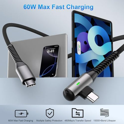 USB C Cable 16FT 60W Right Angle C to C Fast Charging Cable Black - color: Black, size: 16 Feet