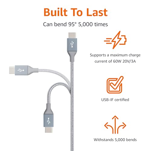 Amazon Basics Nylon Braided USB-C to USB-C 2.0 Fast Charger Cable, 60W, 480Mbps Speed, USB-IF Certified, for Apple iPhone 16/15, iPad, Samsung Galaxy, Tablets, Laptops, 10 Foot, Dark Gray - color: Dark Grey, size: 10 Feet