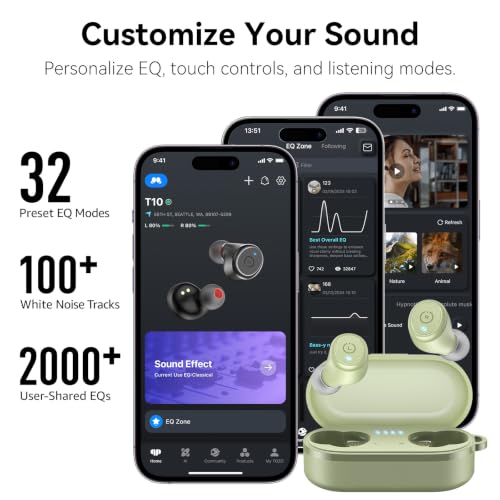 TOZO T10 Wireless Earbuds Powerful Bass Stereo Wireless Charging, APP, IPX8 - color: Light Green