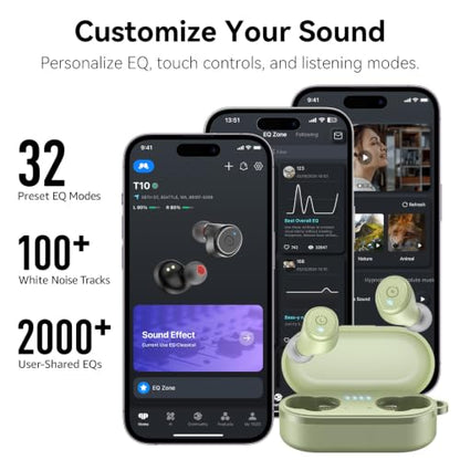 TOZO T10 Wireless Earbuds Powerful Bass Stereo Wireless Charging, APP, IPX8 - color: Light Green
