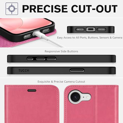 TUCCH Wallet Case for iPhone 17e & iPhone 16e (6.1"), Flip Stand, Hot Pink | RFID Blocking, 4 Card Holders, Kickstand, PU Leather, Shockproof TPU Shell, Magnetic Closure, Protective Folio Cover - color: Hot Pink